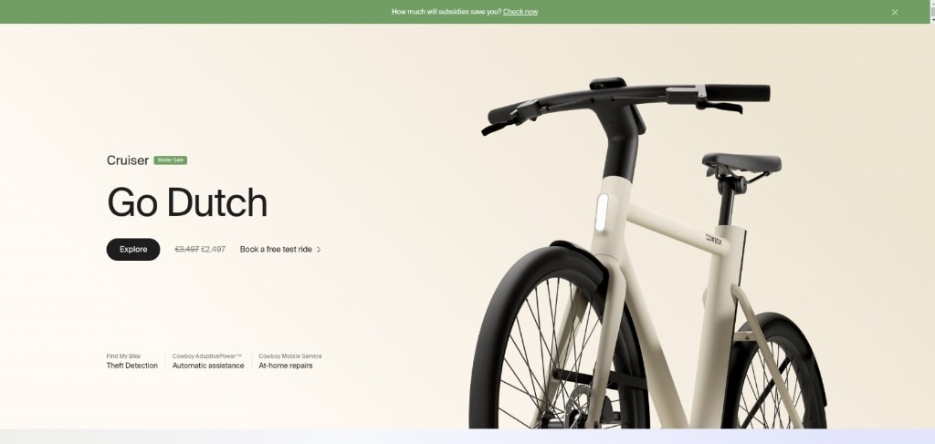 Cowboy e-bike storefront hero with Cruiser model and seasonal merchandising