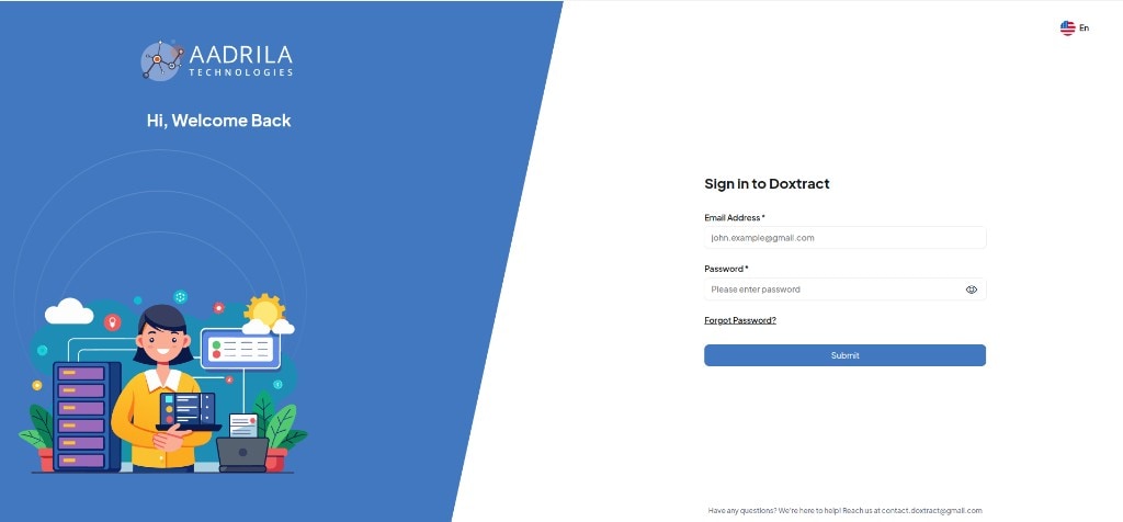Doxtract sign-in screen with brand illustration and split layout
