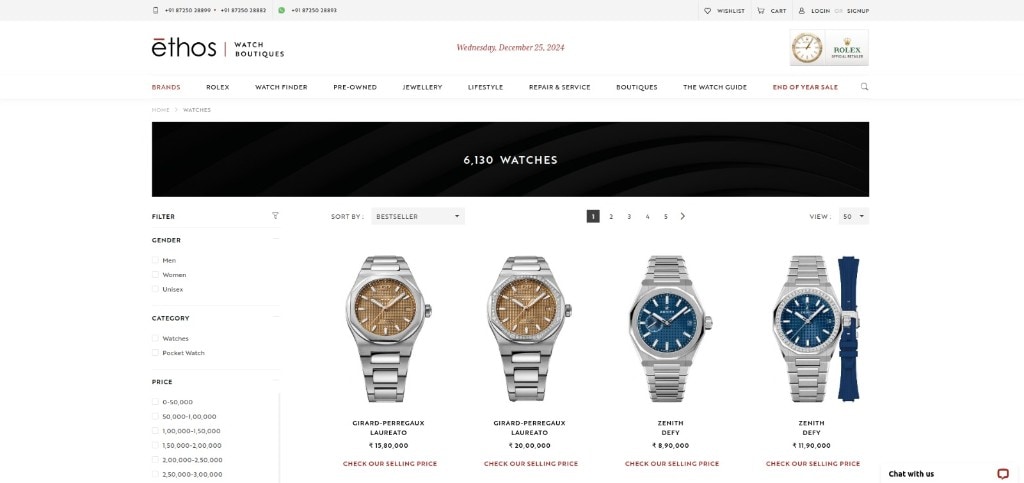 Ethos Watches luxury e-commerce listing with filters and product grid