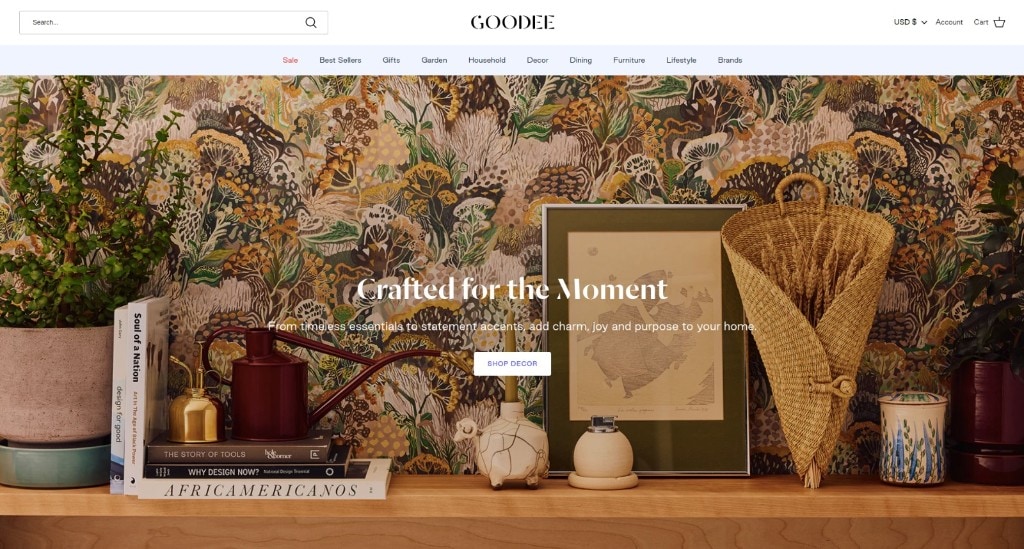 Goodee homepage hero with curated home goods and editorial typography