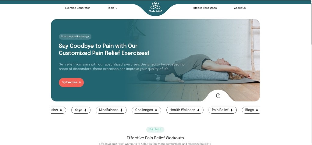 Medix Relief hero with gradient panel and exercise value proposition